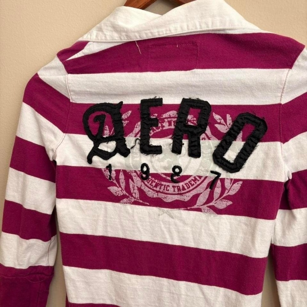 Rare Y2K Mall Core Style Twee Aeropostle Striped Embroiderd Slim Fit Rugby Polo
